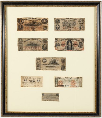 Group of Framed 19th Century Savannah Bank Notes