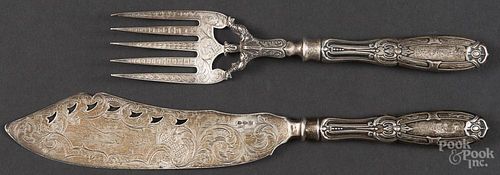Silver fish slice and fork, mid 19th c., engraved with an American eagle, inscribed J.W. Barker.