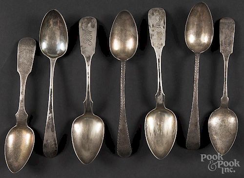 Seven coin silver serving spoons, 18th/19th c., one - T. Wilmot, two - Lownes