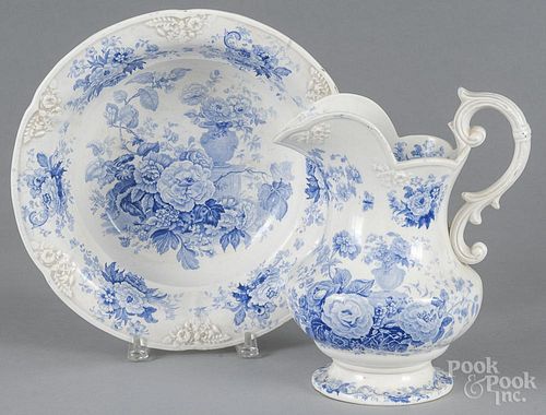 Blue Staffordshire, 19th c., to include a pitcher, 10 3/4'' h., and a bowl, 4 1/4'' h., 13'' dia.