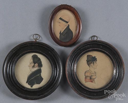 Three miniature watercolor on paper profile portraits, 19th c., two pair - 3'' dia., one - 2 3/4'' x 2