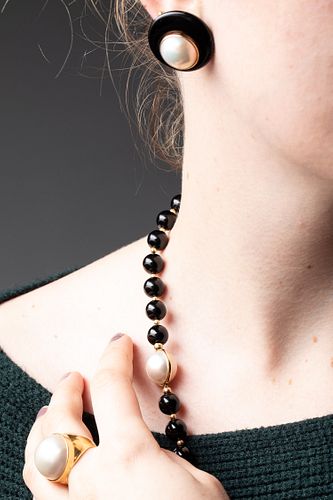 14K, Mabe Pearl and Onyx Necklace, Earrings & Ring