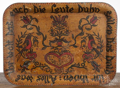 Large painted toleware tray, dated 1909, with bird and tulip decoration, 20 1/2'' l., 28'' w.