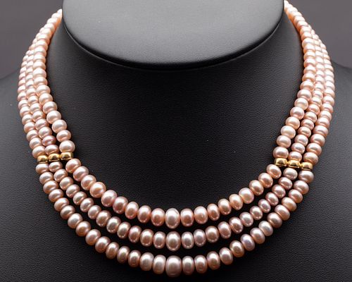 3 Strand and 14K Gold Pink Cultured Pearl Necklace