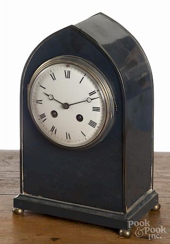 French silver-plated bee hive mantel clock, 11'' h.