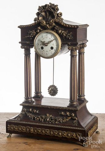 French Vincenti mahogany portico mantel clock with gilt appliqués, 18'' h.