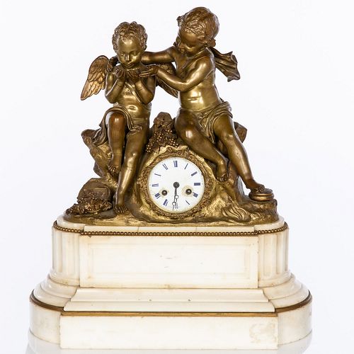 French Gilt Bronze & Marble Clock with Putti, 19th C