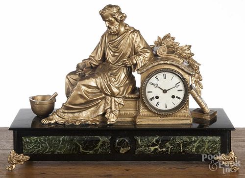 French gilt spelter mantel clock, 14 1/2'' h.