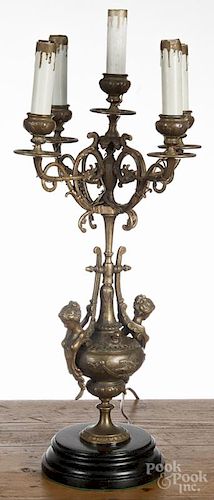 Bronze candelabra table lamp with figural side arms, 18 1/2'' h.