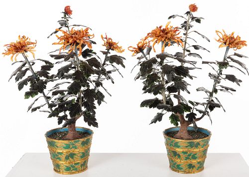 Pair of Chinese Jade Floral Arrangements, Modern