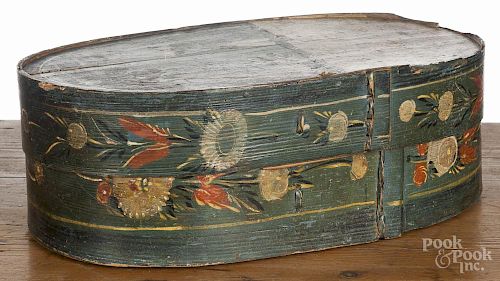 Continental painted bride's box, 19th c., with a scene of a hunter shooting a bird in a tree