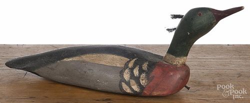 Carved and painted merganser duck decoy, 20th c., stamped MMO, 21 1/2'' l.