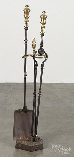 Federal brass and iron fire tongs and shovel, ca. 1830, together with a later stand.