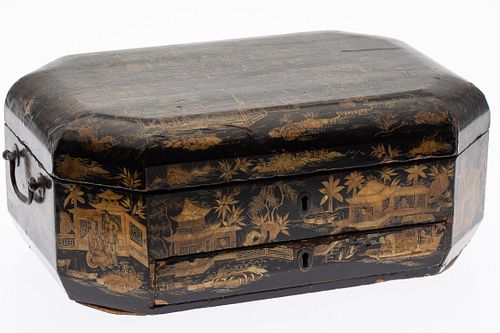 Chinese Export Black Lacquer & Gilt Box, 19th C