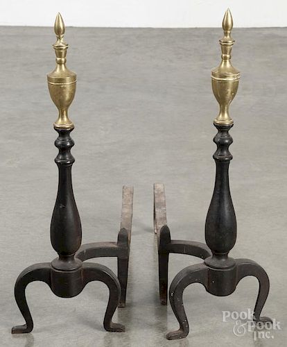 Pair of Federal style brass and iron andirons, early 20th c., 20'' h.