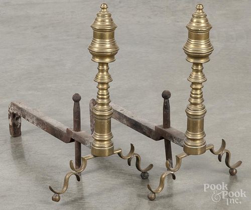 Pair of Federal brass andirons, ca. 1830, 16 1/4'' h.