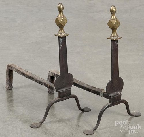 Pair of Federal knife blade andirons, late 18th c., with faceted brass finials, 15 1/2'' h.