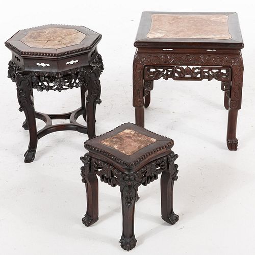 3 Chinese Hardwood Marble Inset Small Side Tables