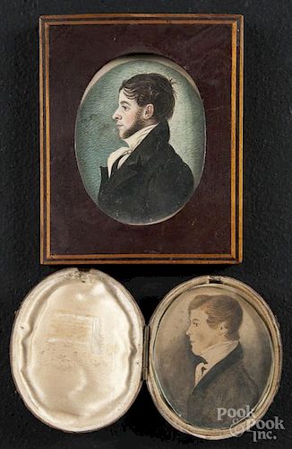 Two miniature watercolor on paper profile portraits of a young men, ca. 1840, 2 3/4'' x 2 1/4''