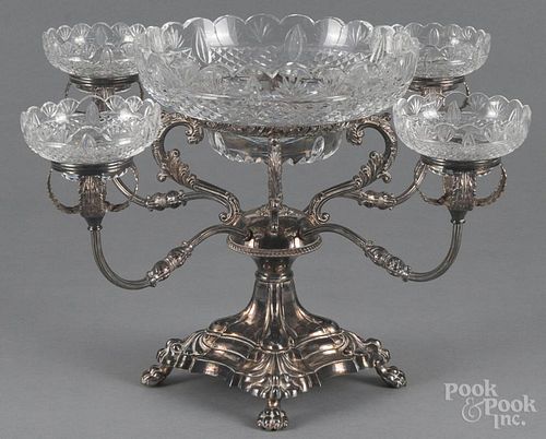 English silver-plated epergne, early 20th c., with cut glass bowls, 12 3/4'' h., 19 1/2'' w.