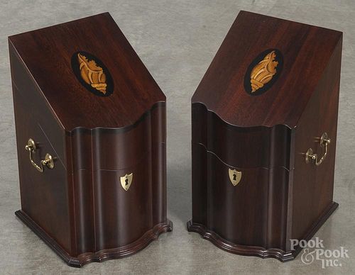 Pair of contemporary inlaid mahogany divided boxes, 14 1/2'' h.