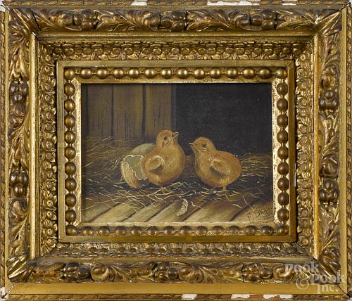 American oil on canvas of two chicks, signed E. Dunn 1890, 6'' x 8''.