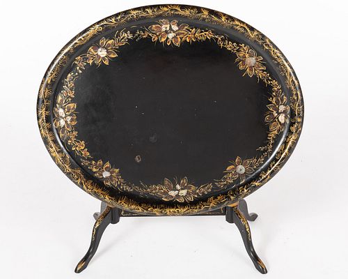 Victorian Papier Mache Oval Tray on Later  Stand