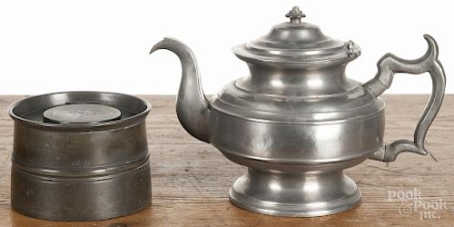 Pewter teapot, 19th c., unmarked, 7'' h., together with an English inkwell and quill holder, stamped