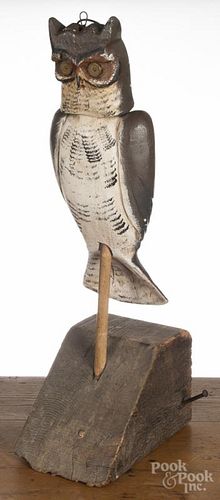 Contemporary carved and painted owl decoy, signed L. Edwards, with shotgun shell eyes, mounted