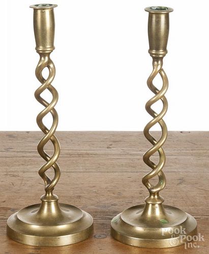 Pair of brass spiral base candlesticks, 19th c., 11 3/4'' h.