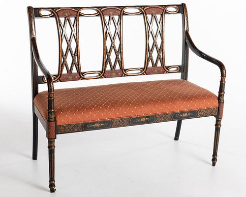 Regency Style Black Painted Floral Decorated Bench