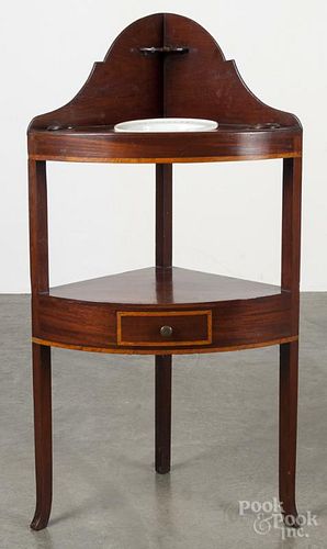 Hepplewhite mahogany corner washstand, signed Made by John __ London 1809, 43 1/2'' h., 22 1/2'' w.