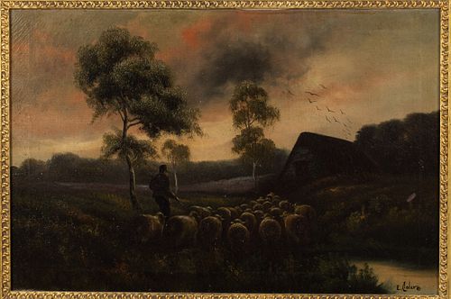 E. Coler, Sheep with Shepherd, Oil on Canvas