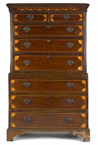 George III mahogany veneer chest on chest, ca. 1770, with swag and fan inlays, 73 3/4'' h., 41 1/2'' w