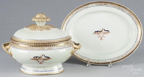 Mottahedeh Chinese export tureen and undertray with an American eagle, 11 1/2'' l., 16'' w.