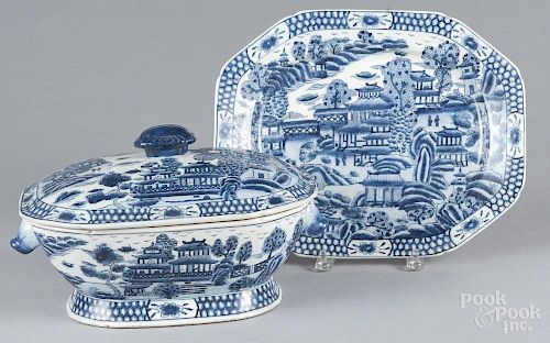 Chinese blue and white porcelain tureen and undertray, 20th c., 8'' l., 14 1/4'' w.