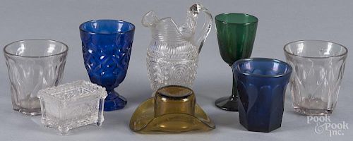 Early glass, to include sandwich, a salt with an eagle, two heart tumblers, a lacy baroque creamer