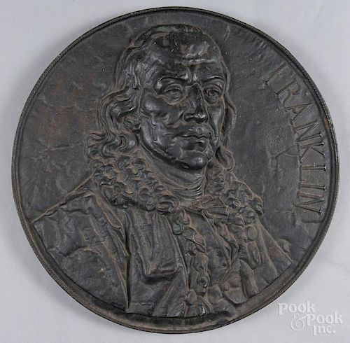 Large cast iron plaque of Benjamin Franklin, initialed WR verso, 21 1/4'' dia.