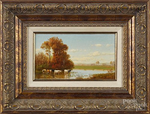 Attributed to Clinton Loveridge (American 1838-1915), oil on board landscape with river and cows