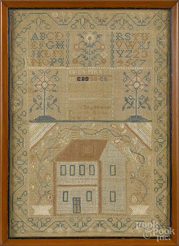 Silk on linen house sampler, dated 1818, wrought by Nancy Reeves Sheppard, 17'' x 12''.