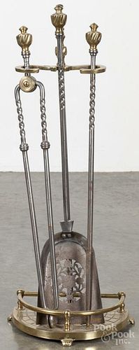 Brass and iron fireplace set, 20th c., stand - 26 1/2'' h.