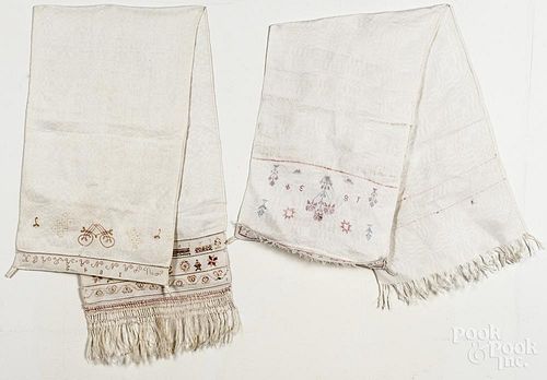 Four embroidered show towels, inscribed Hannah Eaby 1834, Susanna Arack 1842, Mary Eby 1839