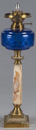 Marble, brass, and cobalt glass table lamp, ca. 1900, 19'' h.