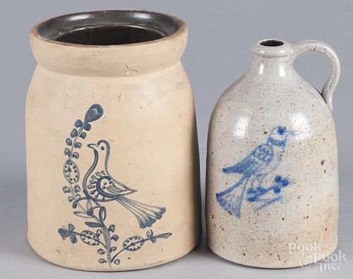 Stoneware crock and jug, 20th c., with cobalt bird decoration, 9 1/2'' h. and 9'' h.