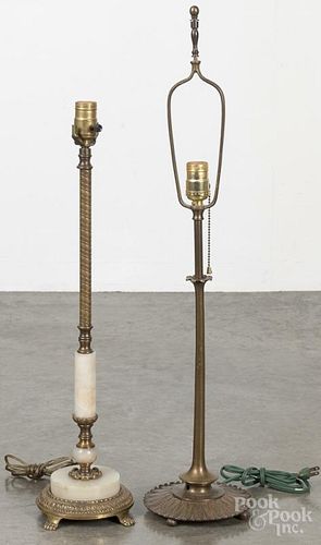 Brass and marble table lamp, 24 1/4'' h., together with a bronze lamp, 36'' h.