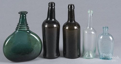 Five assorted glass bottles, tallest - 10 1/4''.