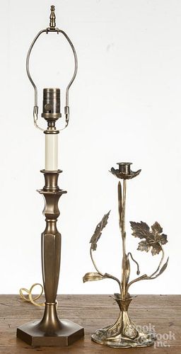 Brass floral candlestick, early 20th c., 14'' h., together with a modern table lamp, 25'' h.