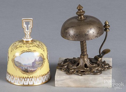 Meissen bell, 3 3/4'' h., together with a bronze ringer with a marble base, 4 3/4'' h.