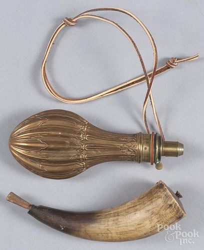 Powder horn, 19th c., 7'' l., together with a shot flask, 8'' l.