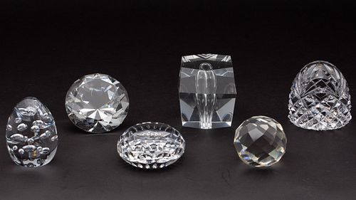 6 Clear Glass Paperweights Including Waterford
